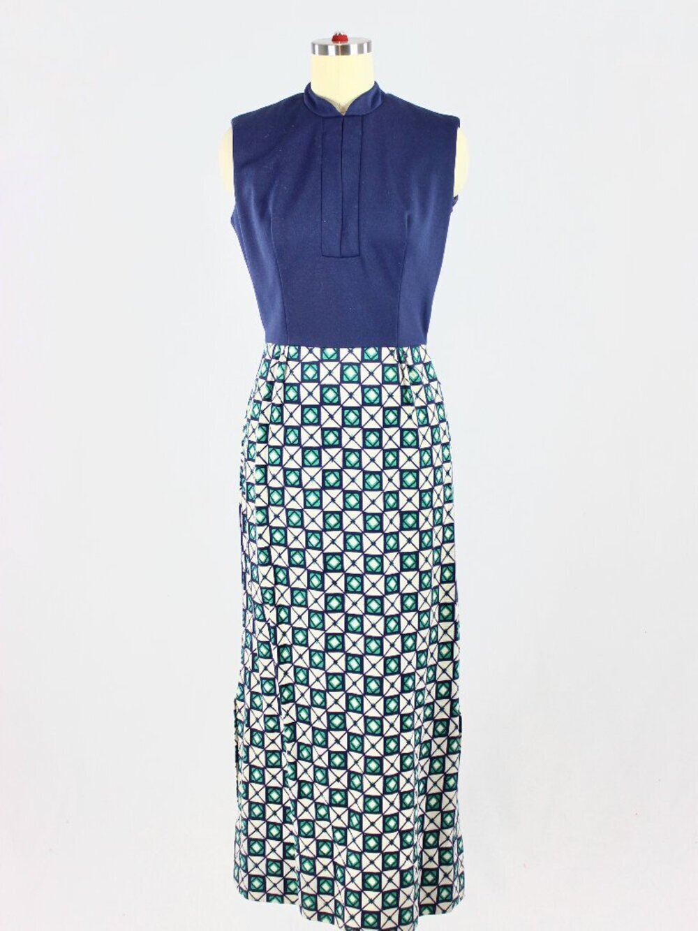 Vintage 70's Unbranded Navy Blue Green Graphic Print Column Maxi Dress, Size S